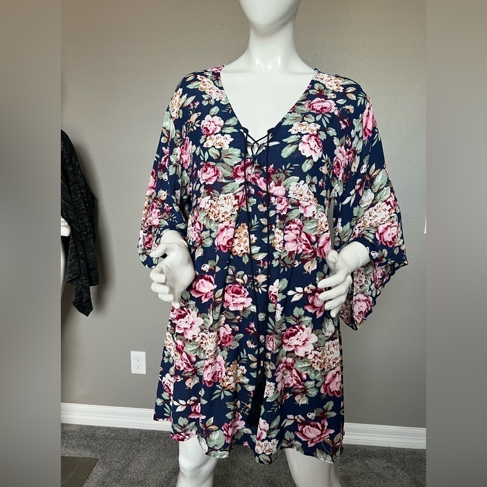 Blue Pink Floral Rose Tassle Boho
Peasant Dress Bell Sleeve
